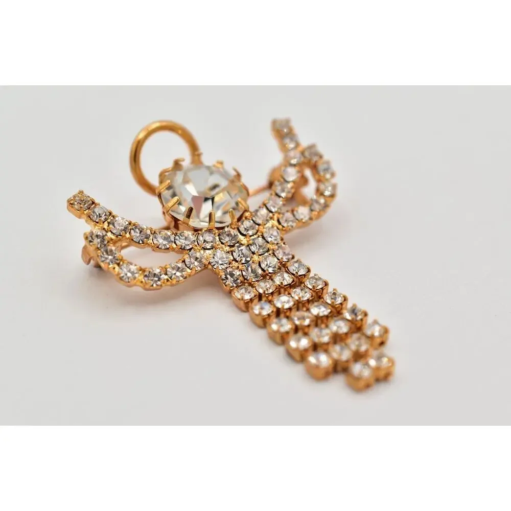 Vintage Crystal Angel Pin Brooch Prong Rhinestone Halo Gold Tone Fringe BinAL